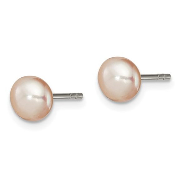 925 Sterling Silver Peach FW Cultured Pearl 5-6mm Button Earrings - Picture 4 of 6